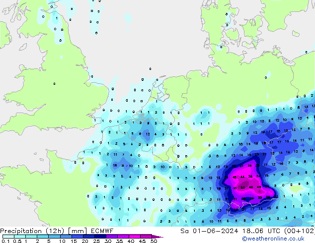 Precipitation (12h) ECMWF Sa 01.06.2024 06 UTC