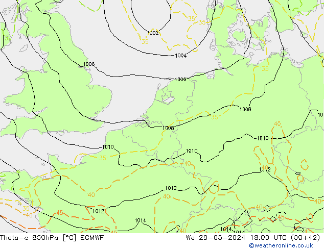 Theta-e 850hPa ECMWF mer 29.05.2024 18 UTC