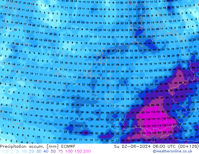 Precipitation accum. ECMWF Su 02.06.2024 06 UTC