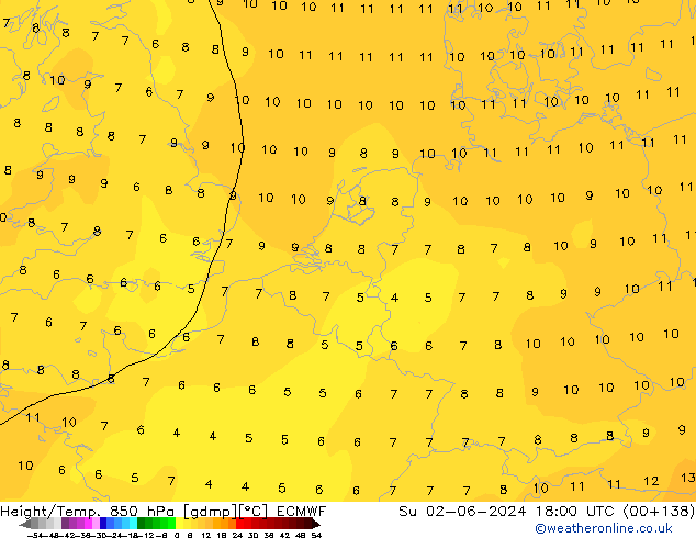 Height/Temp. 850 hPa ECMWF dom 02.06.2024 18 UTC