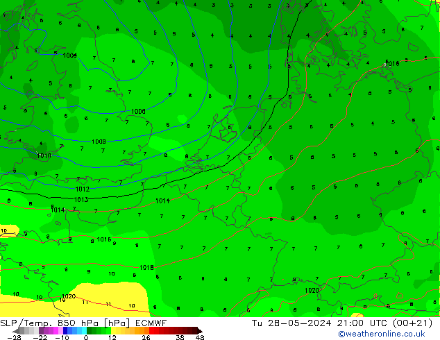 SLP/Temp. 850 hPa ECMWF  28.05.2024 21 UTC