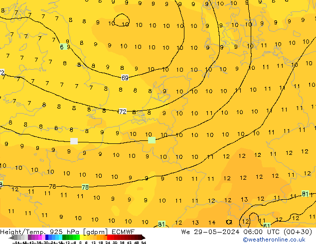 Géop./Temp. 925 hPa ECMWF mer 29.05.2024 06 UTC