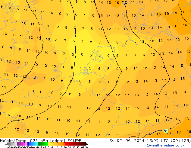 Height/Temp. 925 hPa ECMWF dom 02.06.2024 18 UTC