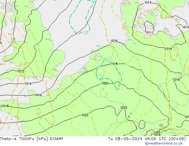 Theta-e 700hPa ECMWF Tu 28.05.2024 06 UTC