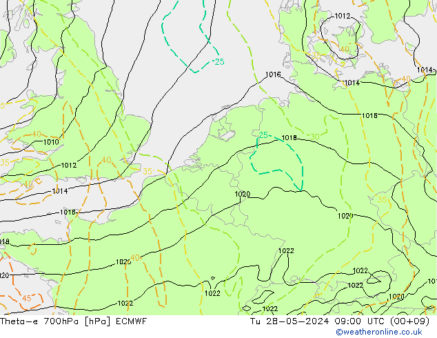 Theta-e 700hPa ECMWF Út 28.05.2024 09 UTC