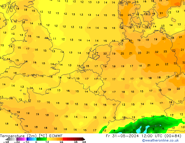 mapa temperatury (2m) ECMWF pt. 31.05.2024 12 UTC