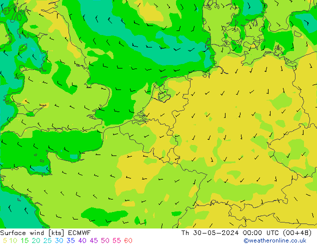 Wind 10 m ECMWF do 30.05.2024 00 UTC