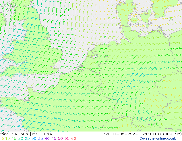 Viento 700 hPa ECMWF sáb 01.06.2024 12 UTC