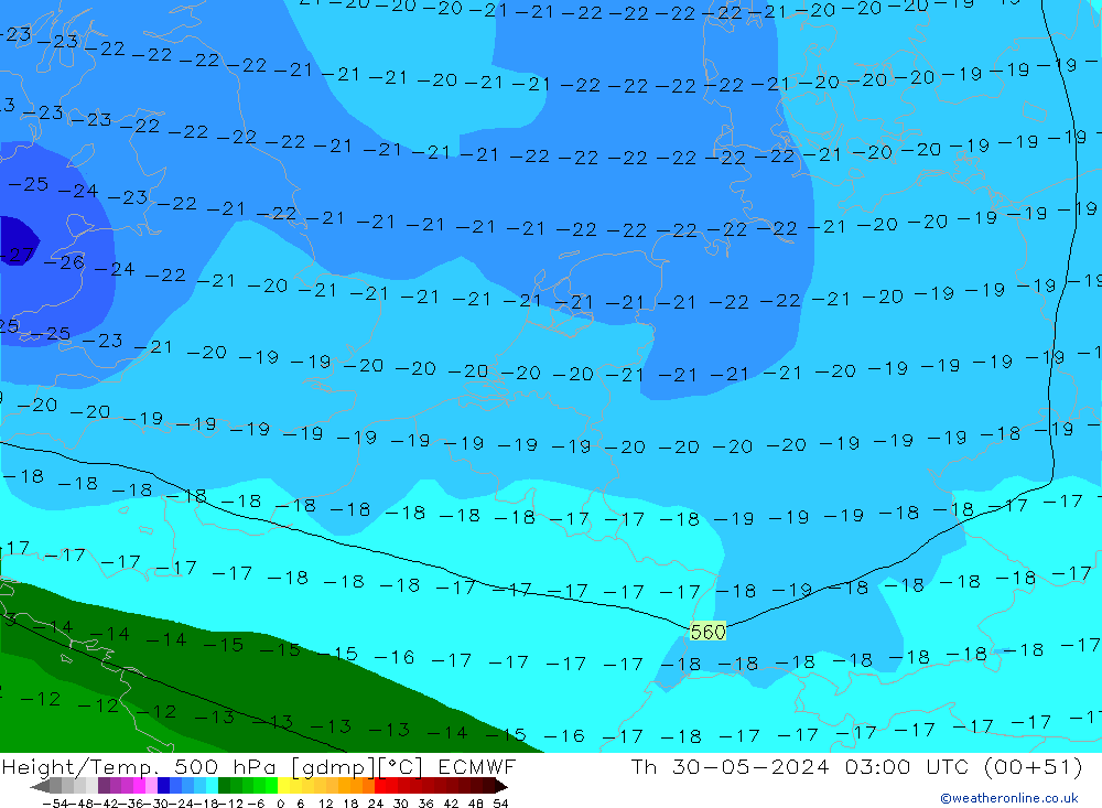 Height/Temp. 500 hPa ECMWF Qui 30.05.2024 03 UTC