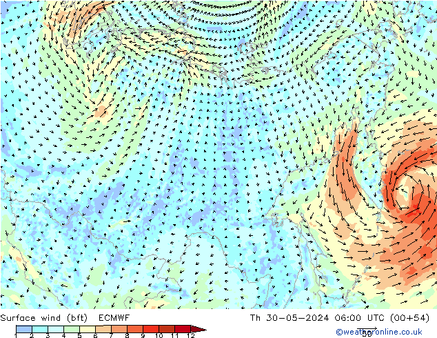 Wind 10 m (bft) ECMWF do 30.05.2024 06 UTC