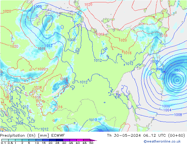 Z500/Rain (+SLP)/Z850 ECMWF gio 30.05.2024 12 UTC