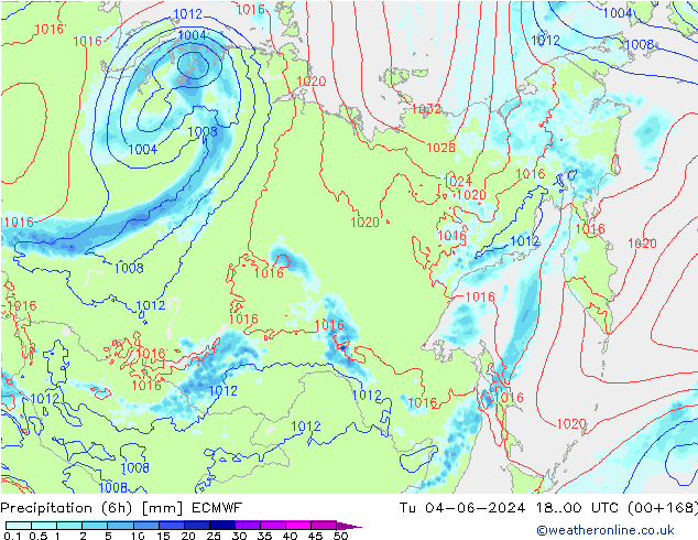 Precipitation (6h) ECMWF Tu 04.06.2024 00 UTC