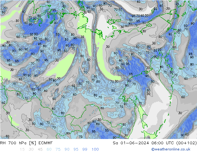 RH 700 hPa ECMWF sab 01.06.2024 06 UTC