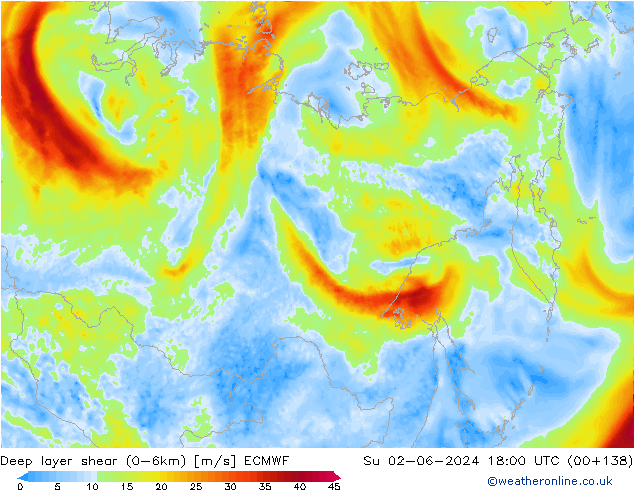 Deep layer shear (0-6km) ECMWF dom 02.06.2024 18 UTC