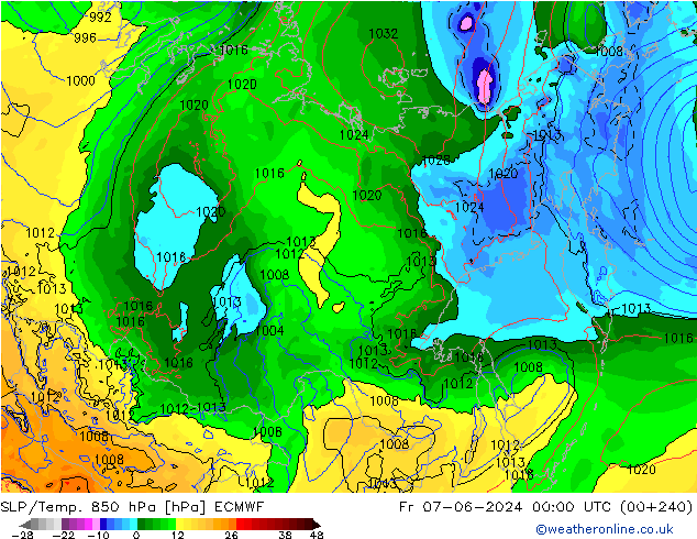 SLP/Temp. 850 hPa ECMWF Pá 07.06.2024 00 UTC