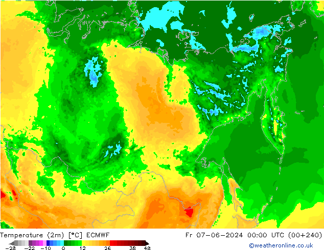 Temperatuurkaart (2m) ECMWF vr 07.06.2024 00 UTC