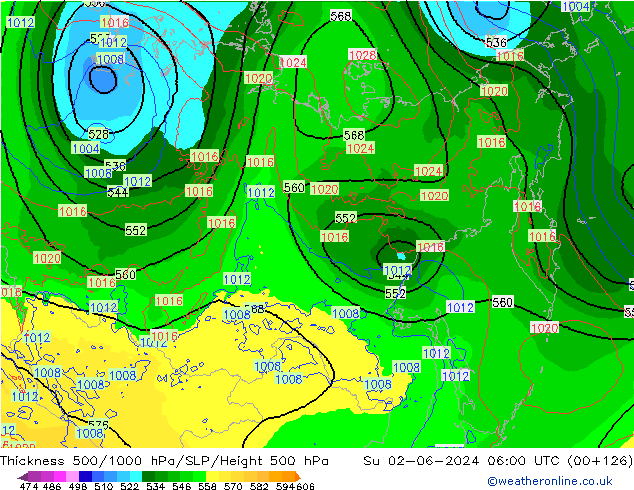 Espesor 500-1000 hPa ECMWF dom 02.06.2024 06 UTC