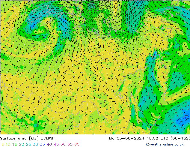 Vento 10 m ECMWF lun 03.06.2024 18 UTC