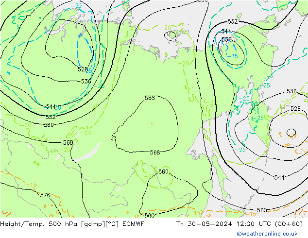 Z500/Rain (+SLP)/Z850 ECMWF gio 30.05.2024 12 UTC