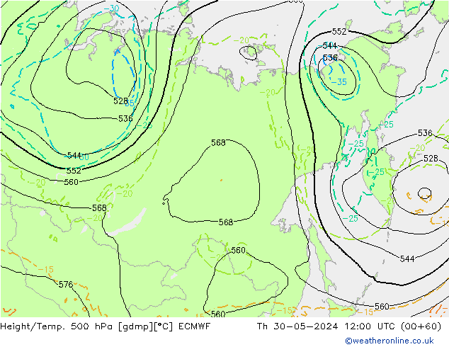 Height/Temp. 500 hPa ECMWF Qui 30.05.2024 12 UTC