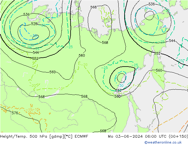 Z500/Rain (+SLP)/Z850 ECMWF Mo 03.06.2024 06 UTC