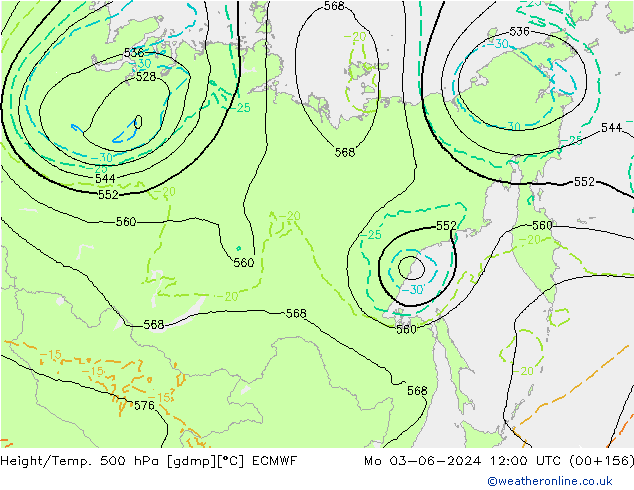 Z500/Rain (+SLP)/Z850 ECMWF pon. 03.06.2024 12 UTC