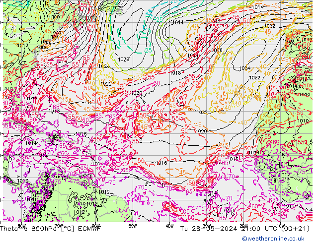 Theta-e 850hPa ECMWF Sa 28.05.2024 21 UTC