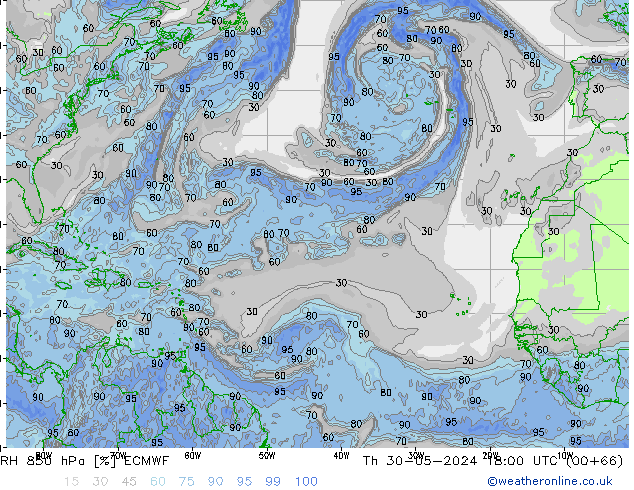 Humidité rel. 850 hPa ECMWF jeu 30.05.2024 18 UTC