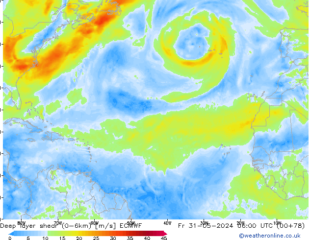 Deep layer shear (0-6km) ECMWF  31.05.2024 06 UTC