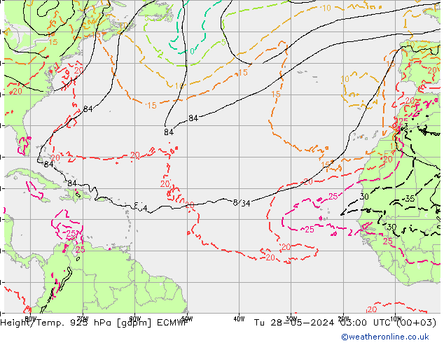 Height/Temp. 925 hPa ECMWF Út 28.05.2024 03 UTC