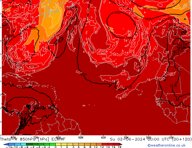 Theta-W 850гПа ECMWF Вс 02.06.2024 00 UTC