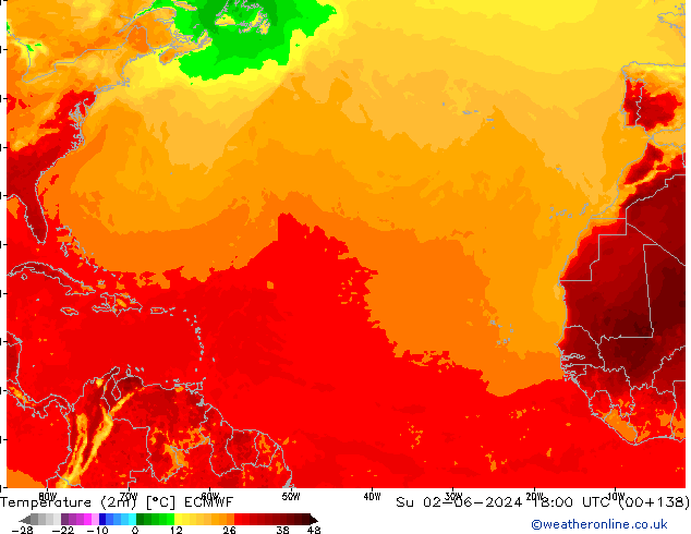 Temperature (2m) ECMWF Su 02.06.2024 18 UTC