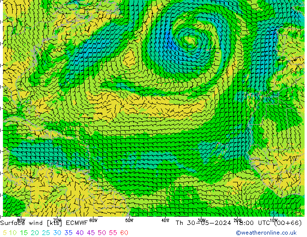 Vento 10 m ECMWF Qui 30.05.2024 18 UTC