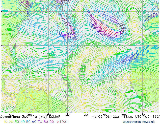 Stroomlijn 300 hPa ECMWF ma 03.06.2024 18 UTC