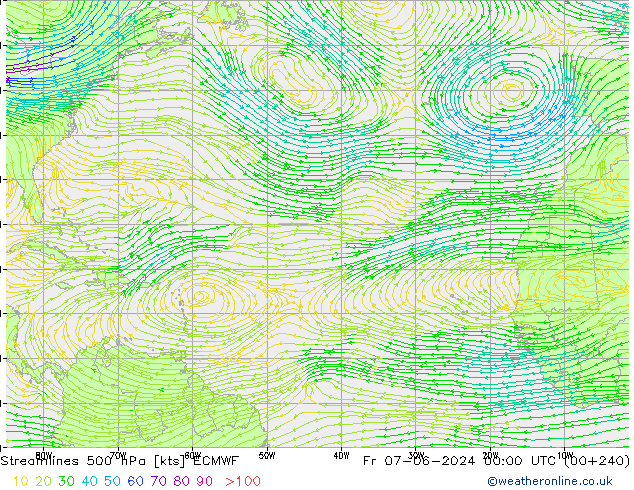 Linha de corrente 500 hPa ECMWF Sex 07.06.2024 00 UTC