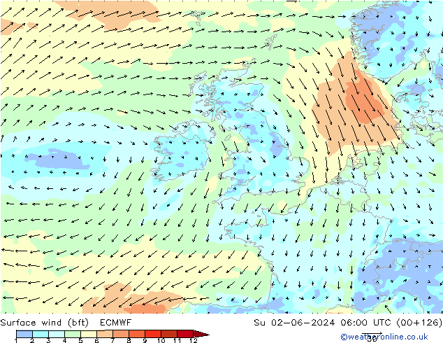 Surface wind (bft) ECMWF Su 02.06.2024 06 UTC