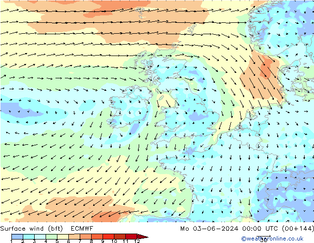 wiatr 10 m (bft) ECMWF pon. 03.06.2024 00 UTC