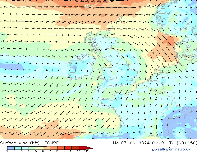 Bodenwind (bft) ECMWF Mo 03.06.2024 06 UTC