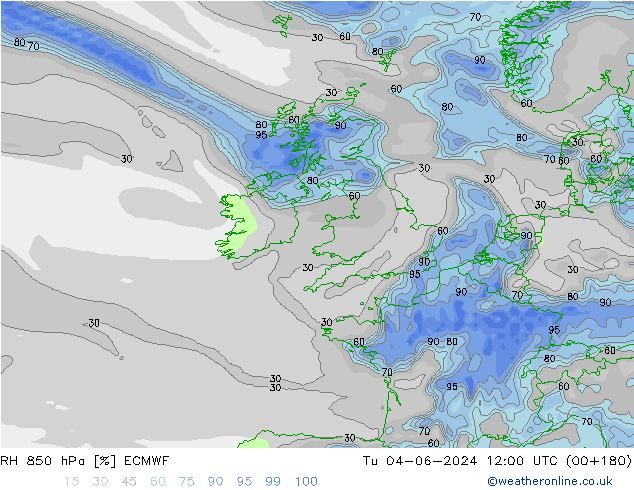 RH 850 hPa ECMWF Tu 04.06.2024 12 UTC