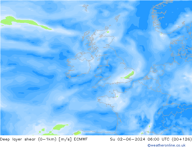 Deep layer shear (0-1km) ECMWF Su 02.06.2024 06 UTC