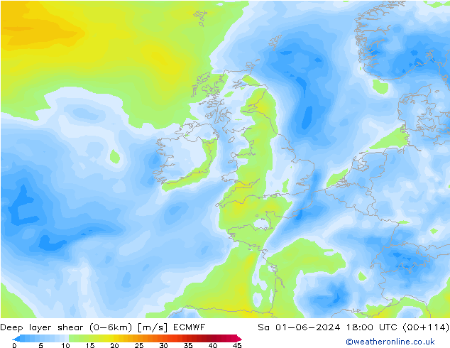 Deep layer shear (0-6km) ECMWF sab 01.06.2024 18 UTC