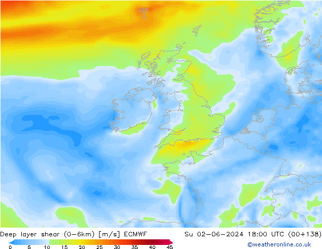 Deep layer shear (0-6km) ECMWF nie. 02.06.2024 18 UTC