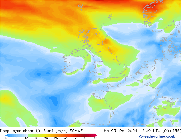 Deep layer shear (0-6km) ECMWF Pzt 03.06.2024 12 UTC