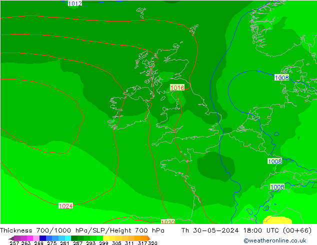 Dikte700-1000 hPa ECMWF do 30.05.2024 18 UTC