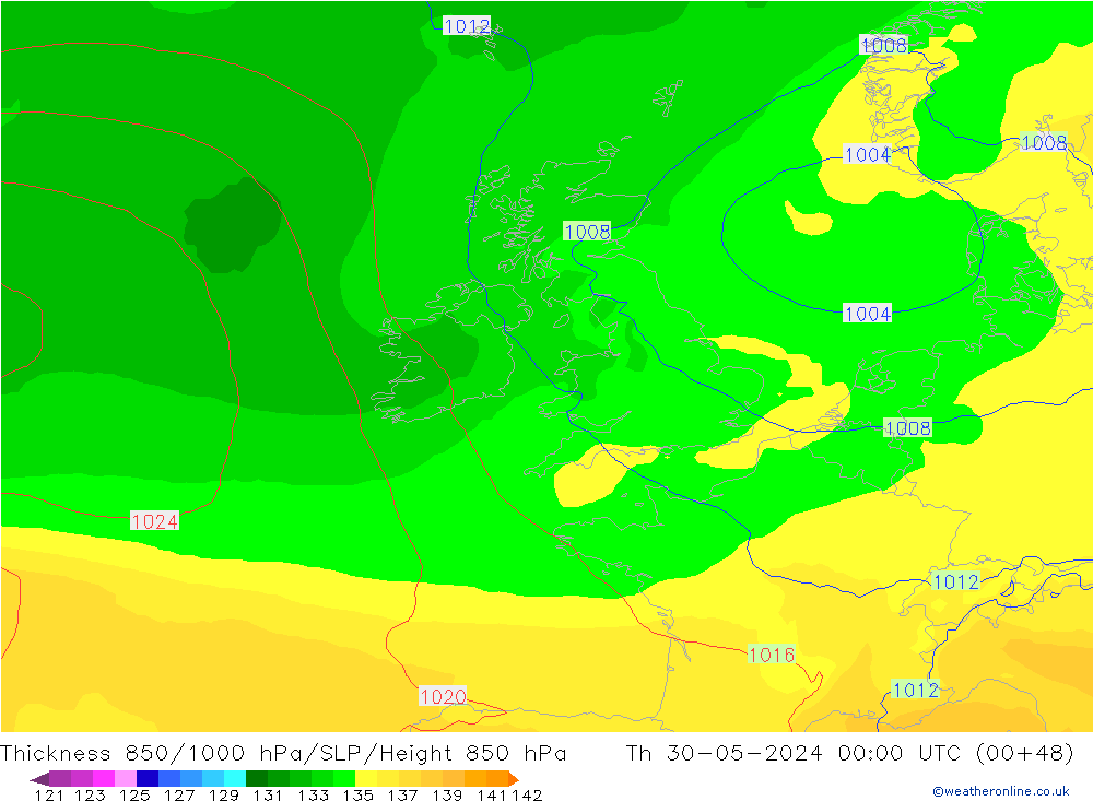 Thck 850-1000 hPa ECMWF gio 30.05.2024 00 UTC