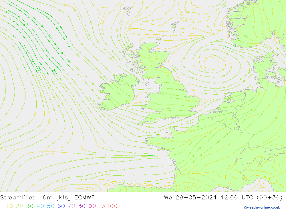 Streamlines 10m ECMWF We 29.05.2024 12 UTC