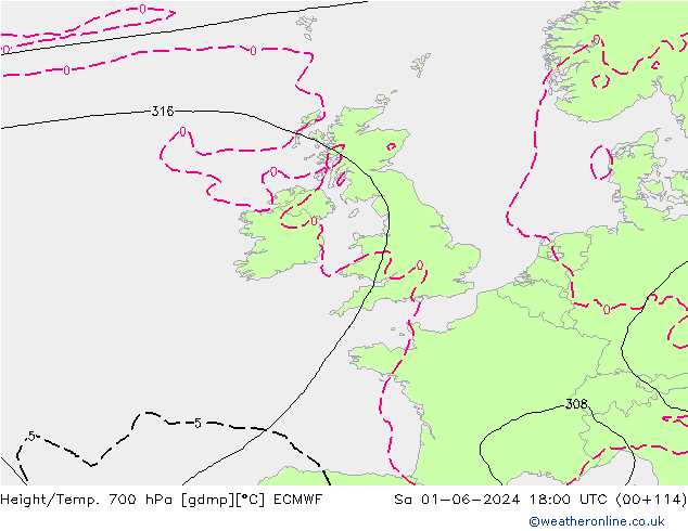Height/Temp. 700 hPa ECMWF Sa 01.06.2024 18 UTC