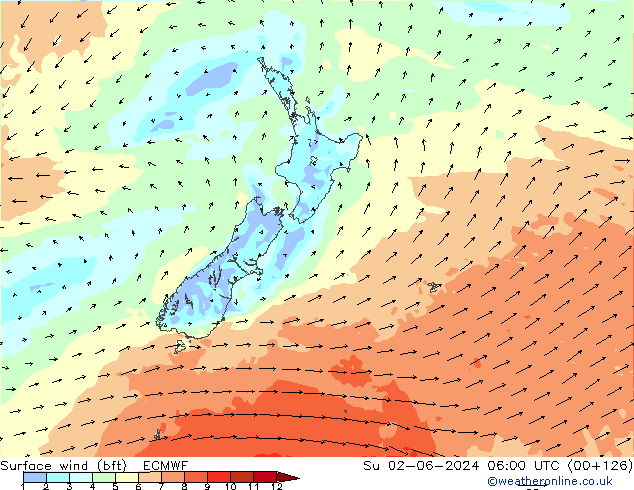 wiatr 10 m (bft) ECMWF nie. 02.06.2024 06 UTC