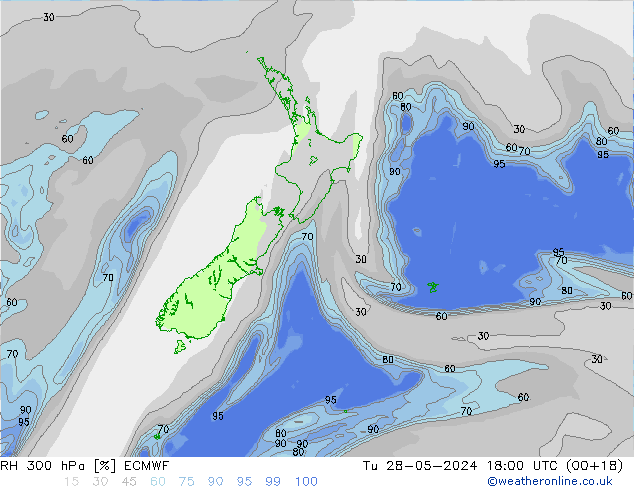 RH 300 hPa ECMWF Tu 28.05.2024 18 UTC