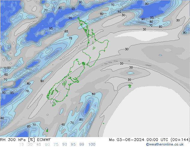 RH 300 hPa ECMWF pon. 03.06.2024 00 UTC